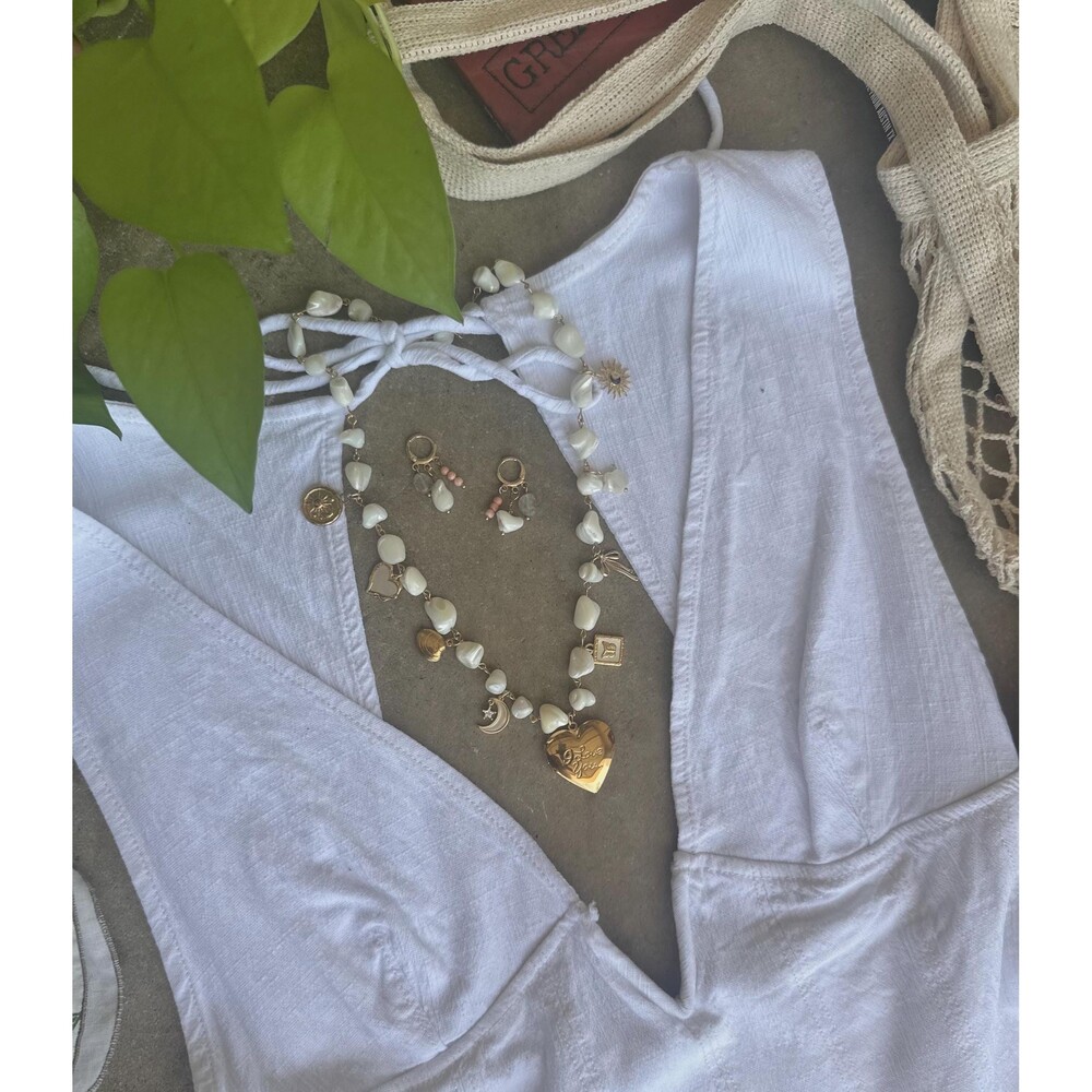 Celestial Pearl Necklace and Earring Set: Stainless Steel Heart Locket